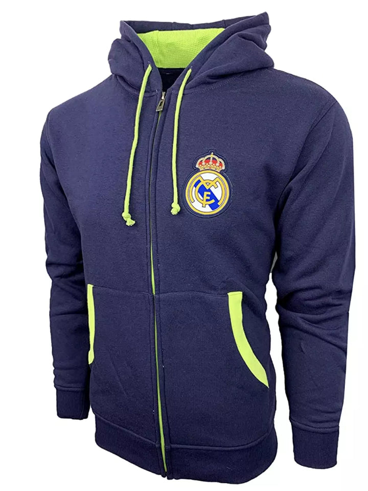 Official Real Madrid Rhinox Full Zip Hooded Sweatshirt - Navy with Lime Accents image 1