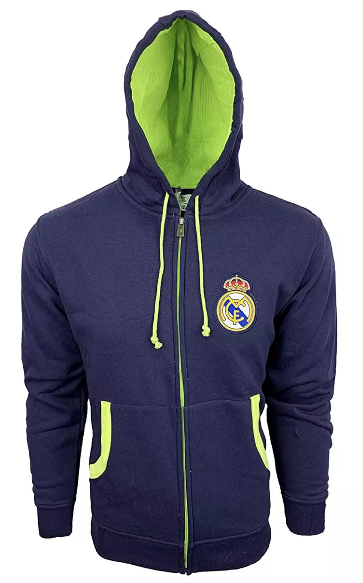 Official Real Madrid Rhinox Full Zip Hooded Sweatshirt - Navy with Lime Accents image 2