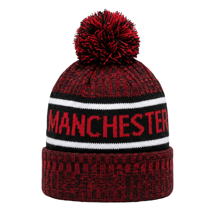 Manchester Pom Beanie – Red &amp; Black Knit with Union Jack Patch (Youth &amp; Adult)