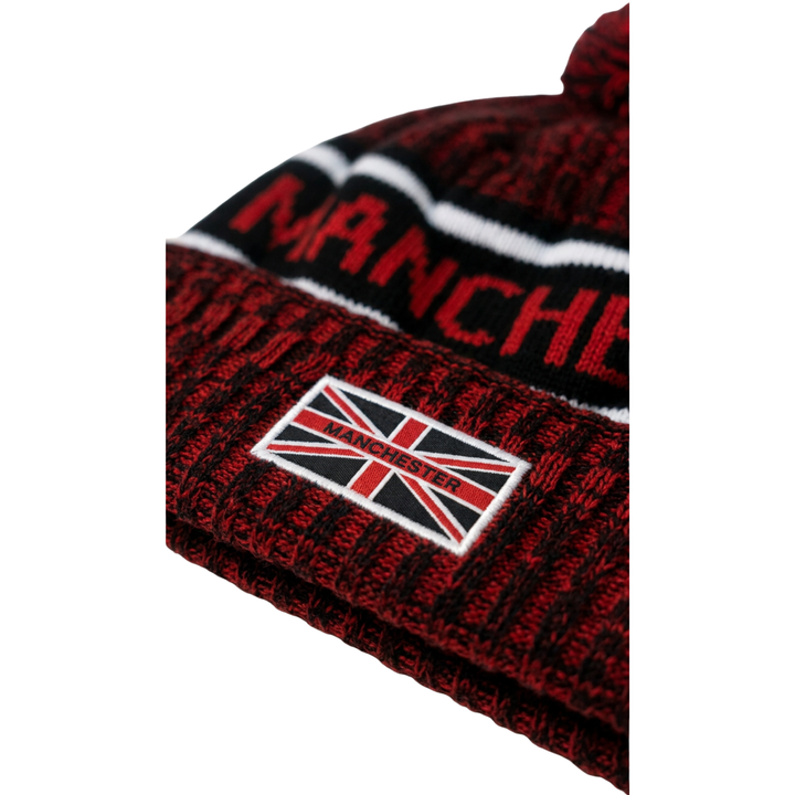 Manchester Pom Beanie – Red &amp; Black Knit with Union Jack Patch (Youth &amp; Adult)