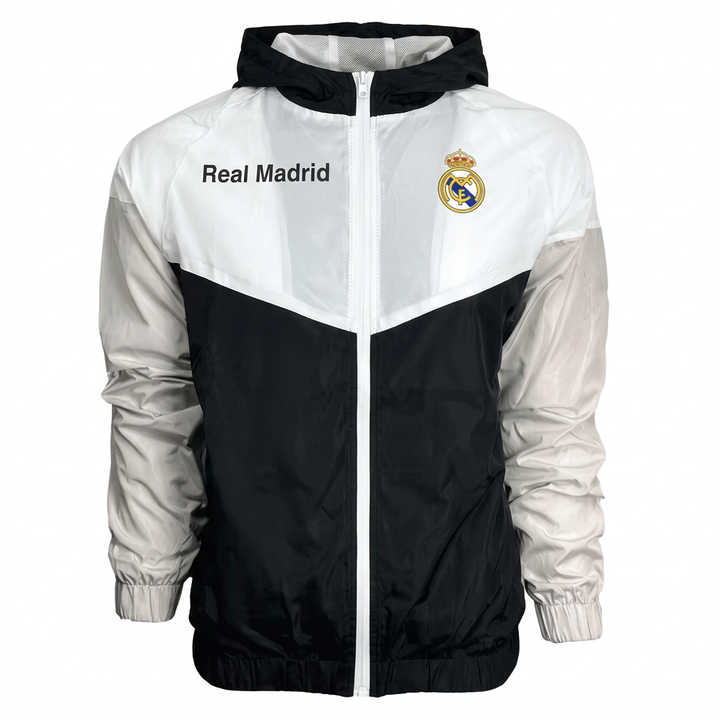 Official Real Madrid Youth Hooded Rain Jacket – White/Black – Licensed Fan Gear