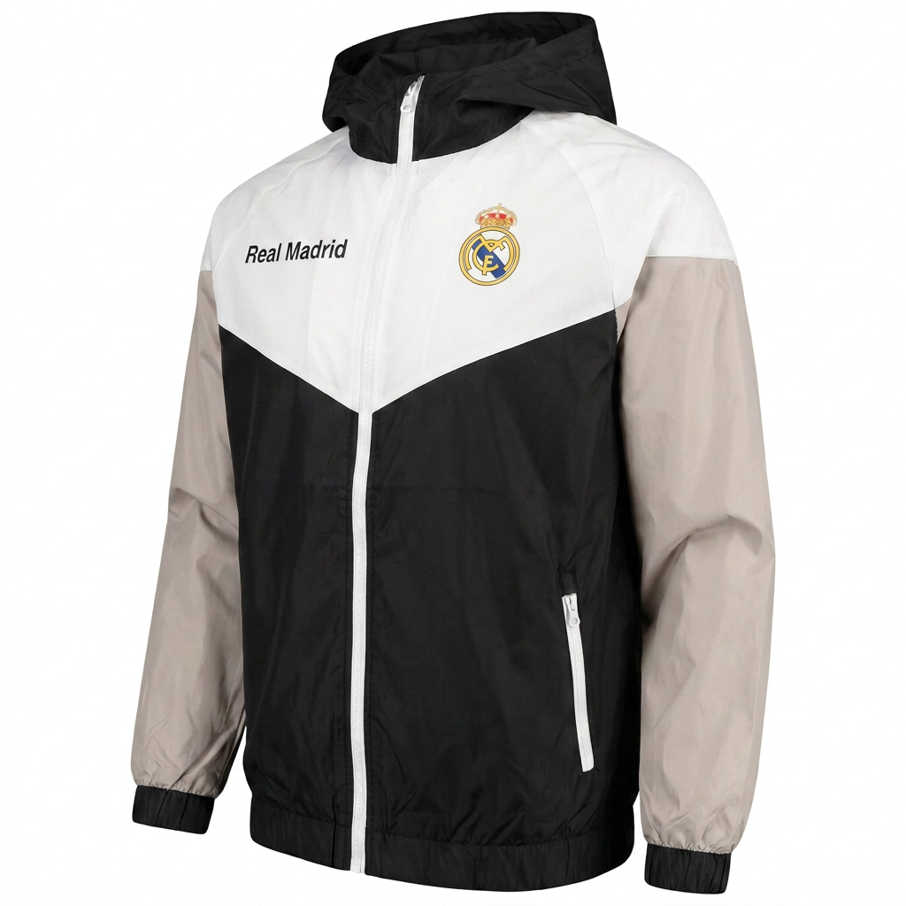 Official Real Madrid Youth Hooded Rain Jacket – White/Black – Licensed Fan Gear