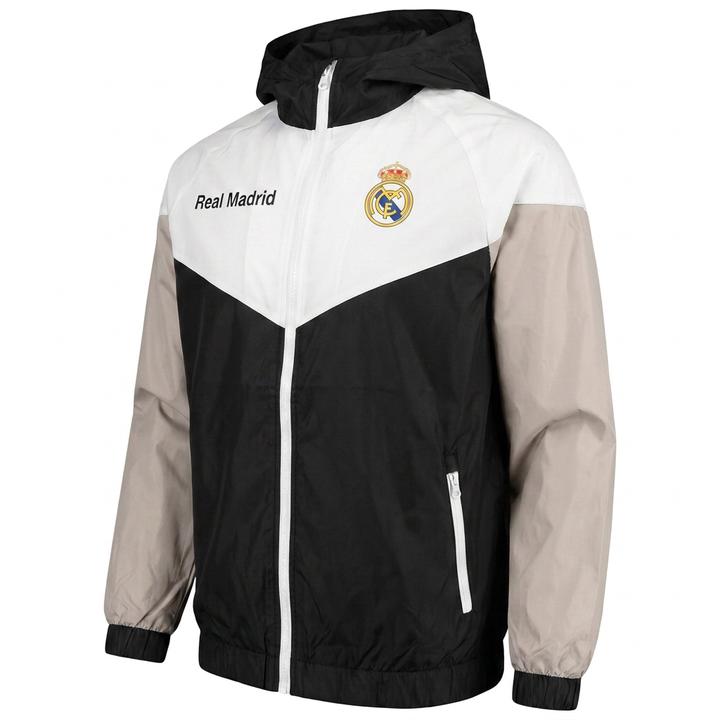 Official Real Madrid Youth Hooded Rain Jacket – White/Black – Licensed Fan Gear