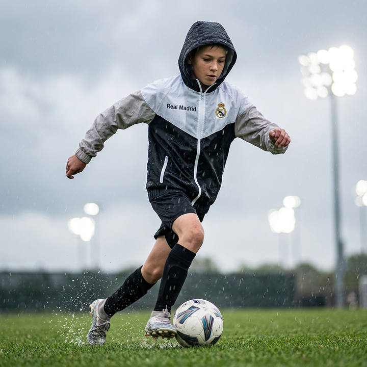 Official Real Madrid Youth Hooded Rain Jacket – White/Black – Licensed Fan Gear