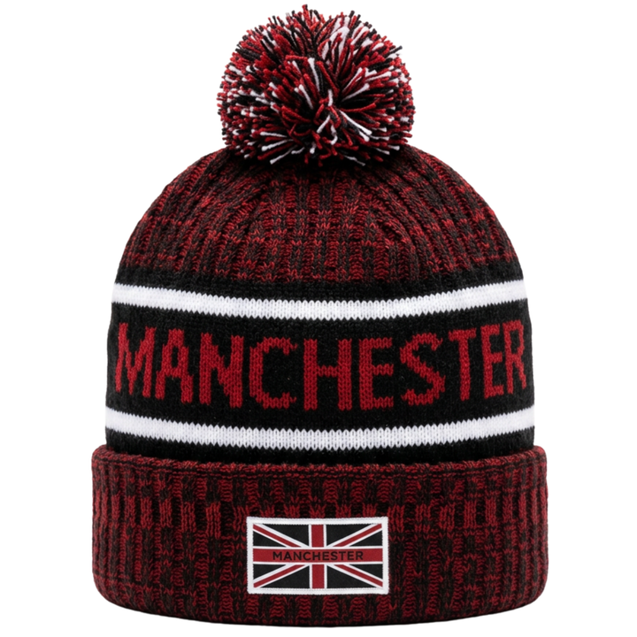 Manchester Pom Beanie – Red &amp; Black Knit with Union Jack Patch (Youth &amp; Adult)