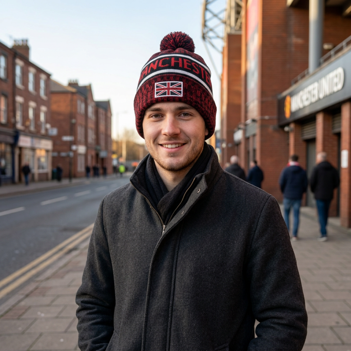 Manchester Pom Beanie – Red &amp; Black Knit with Union Jack Patch (Youth &amp; Adult)