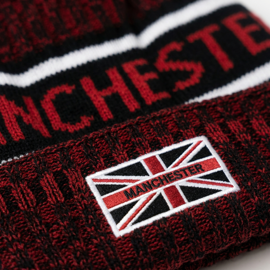 Manchester Pom Beanie – Red &amp; Black Knit with Union Jack Patch (Youth &amp; Adult)