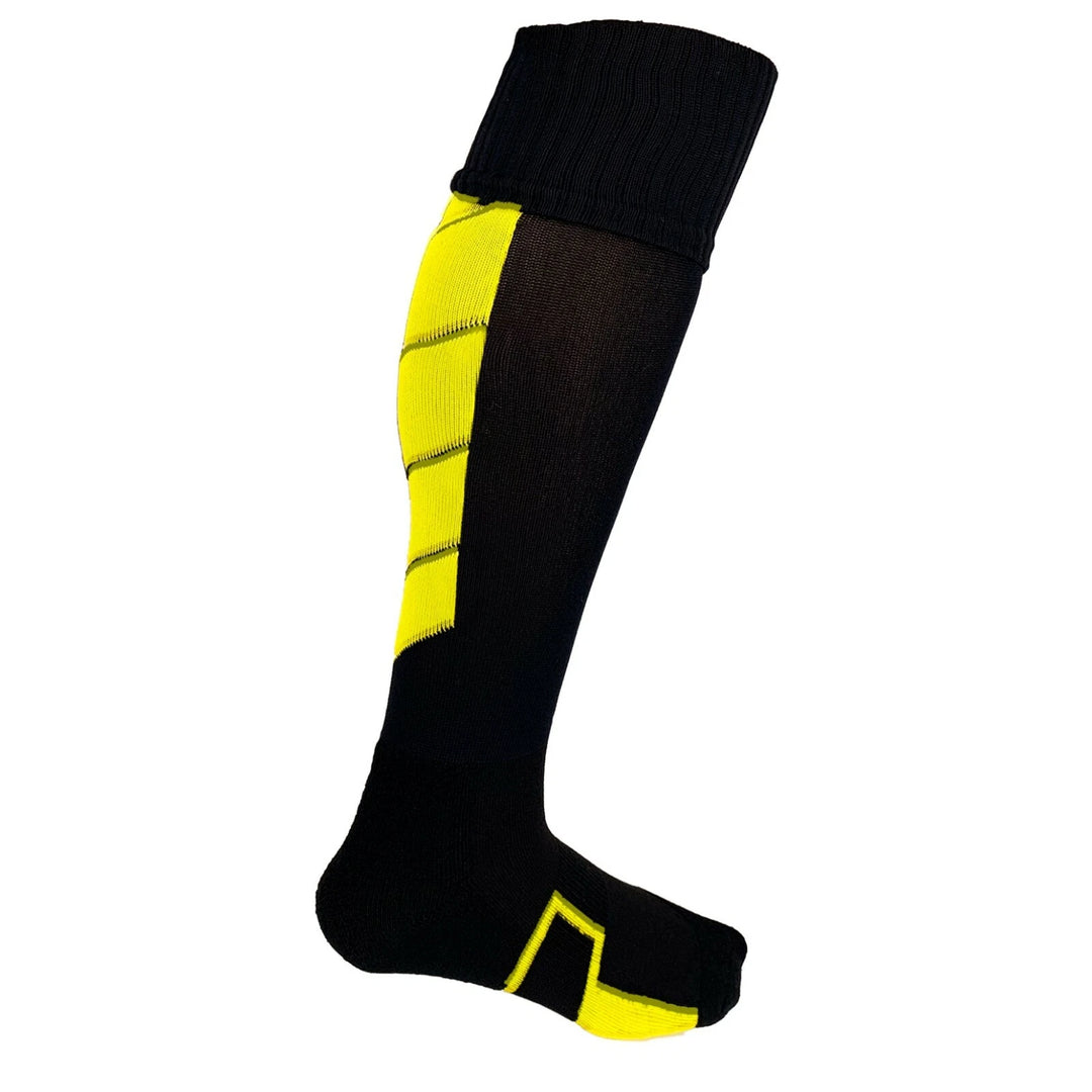 Black with Yellow Accents - Striker Style Soccer Socks - Just 4 Kicks In image 0