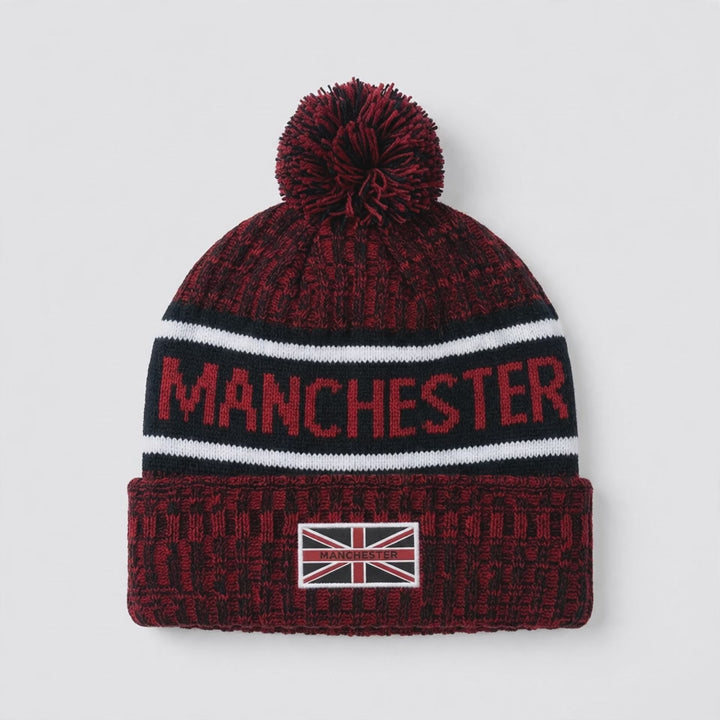 Manchester Pom Beanie – Red &amp; Black Knit with Union Jack Patch (Youth &amp; Adult)