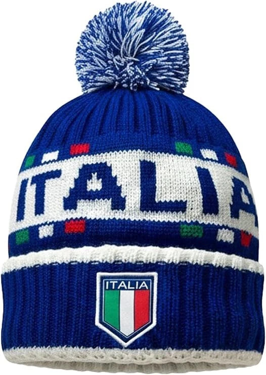 J4K Italy Soccer Fan Beanie | Youth Blue Pom Pom Knit Hat | Official World Cup Gear