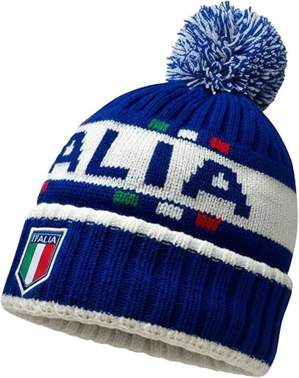 J4K Italy Soccer Fan Beanie | Youth Blue Pom Pom Knit Hat | Official World Cup Gear