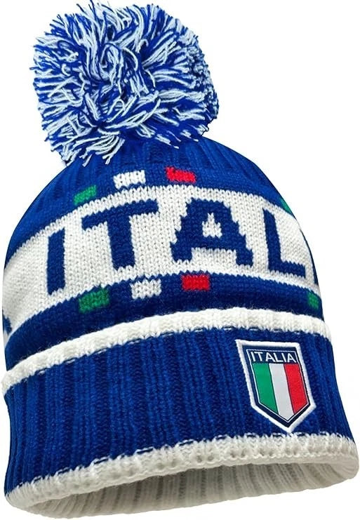 J4K Italy Soccer Fan Beanie | Youth Blue Pom Pom Knit Hat | Official World Cup Gear