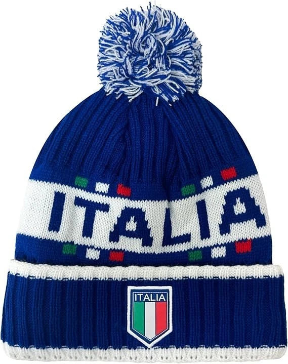 J4K Italy Soccer Fan Beanie | Youth Blue Pom Pom Knit Hat | Official World Cup Gear