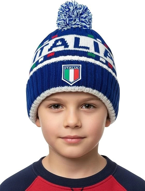 J4K Italy Soccer Fan Beanie | Youth Blue Pom Pom Knit Hat | Official World Cup Gear