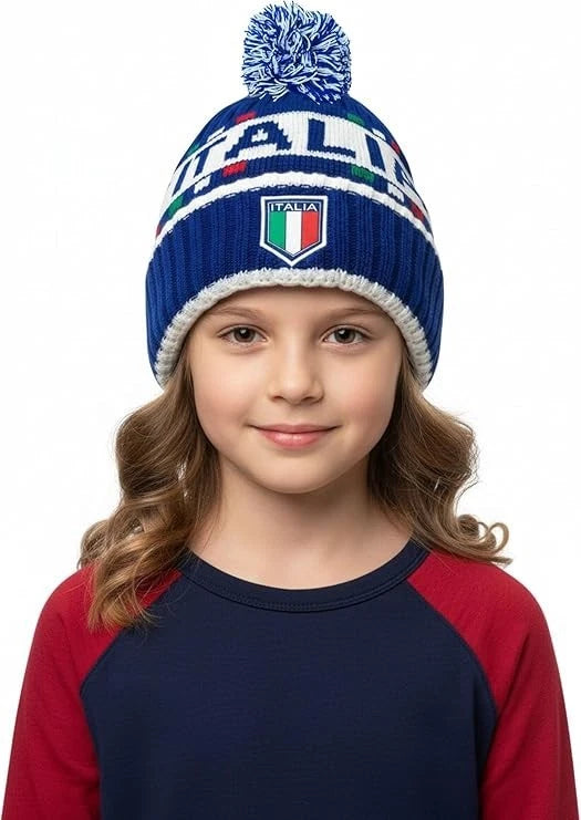 J4K Italy Soccer Fan Beanie | Youth Blue Pom Pom Knit Hat | Official World Cup Gear