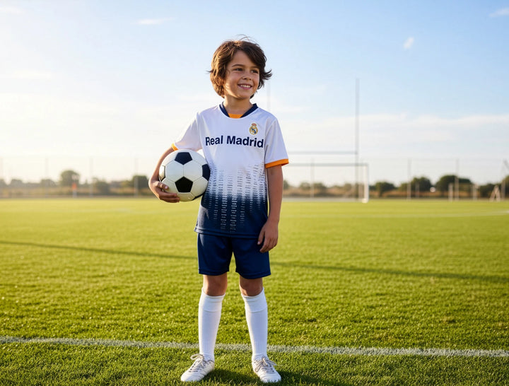 Icon Sports Real Madrid Youth Soccer Jersey | White, Navy &amp; Gold | Sizes XS to XL