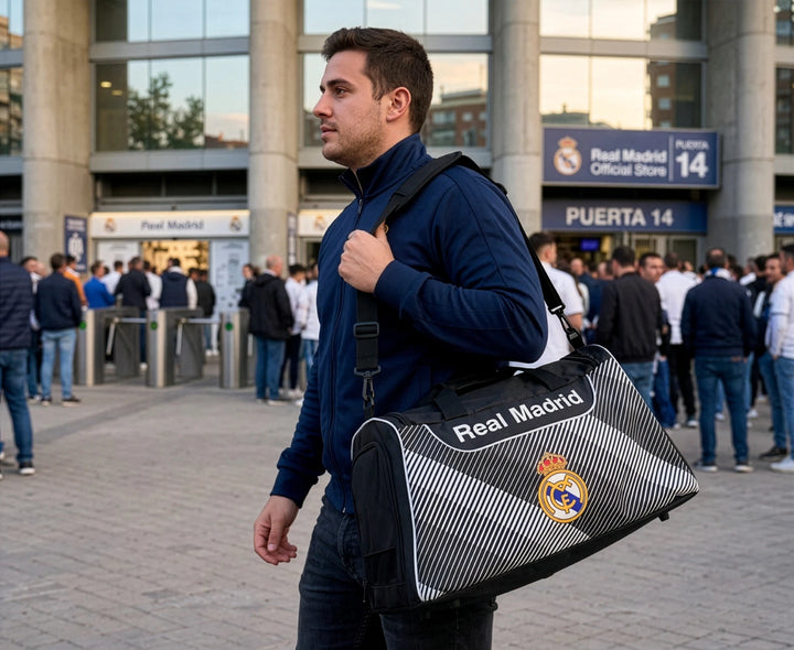 Official Real Madrid Duffle Bag | Black La Liga Sports Travel Bag 17x12x12"