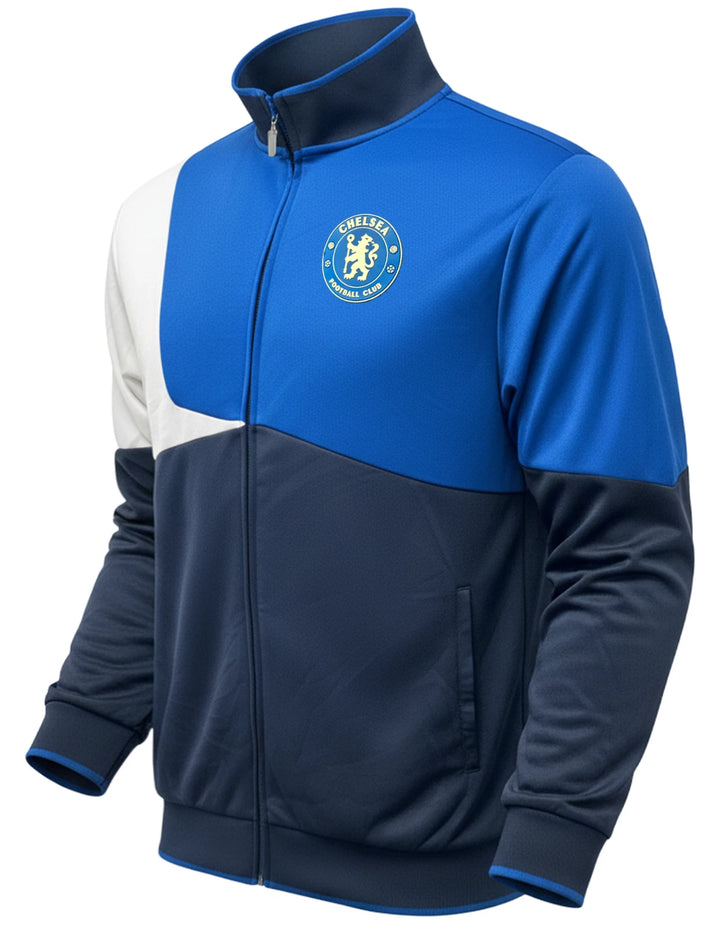 Icon Sports Chelsea FC Official Track Jacket | Blue &amp; Navy EPL Rubber Logo Zip-Up