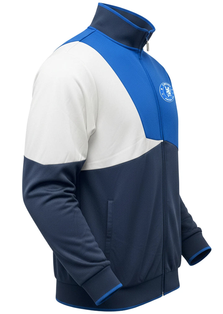 Icon Sports Chelsea FC Official Track Jacket | Blue &amp; Navy EPL Rubber Logo Zip-Up