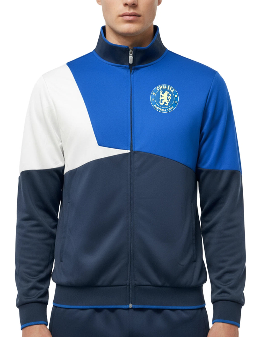 Icon Sports Chelsea FC Official Track Jacket | Blue &amp; Navy EPL Rubber Logo Zip-Up