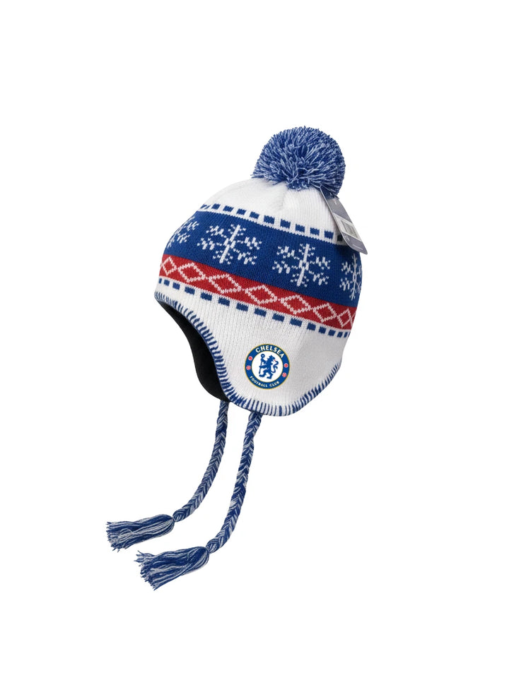 Rhinox Chelsea FC Official Peruvian Beanie | White &amp; Blue EPL Winter Hat