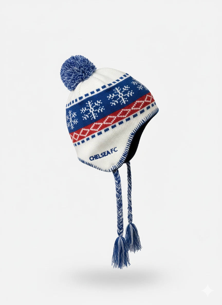 Rhinox Chelsea FC Official Peruvian Beanie | White &amp; Blue EPL Winter Hat