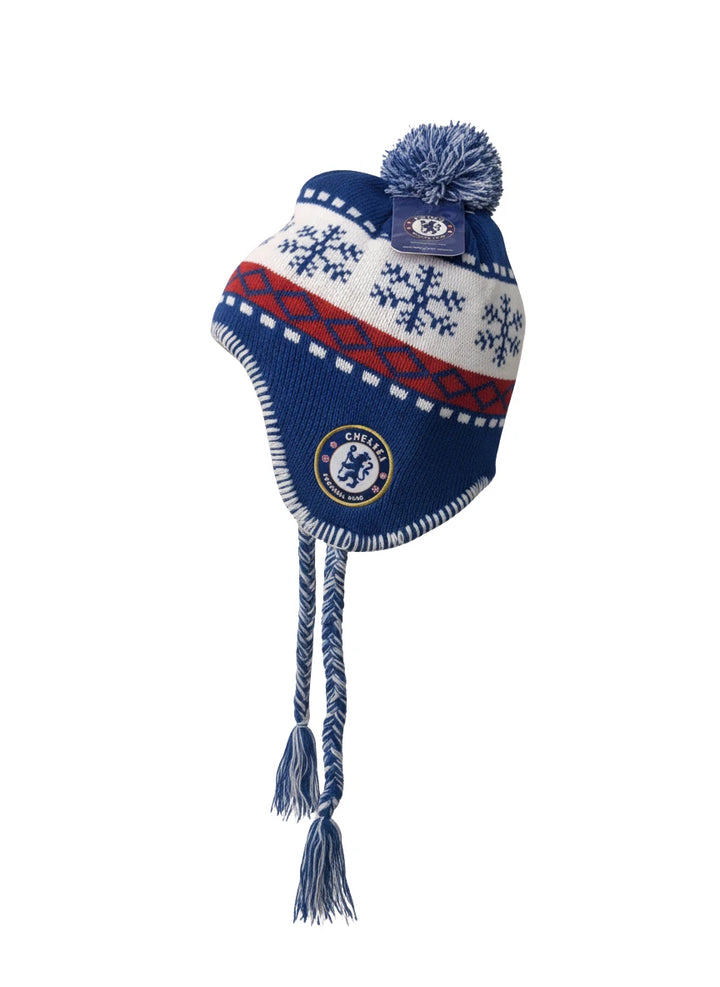 Rhinox Chelsea FC Official Peruvian Beanie | Blue &amp; White EPL Pom Pom Winter Hat