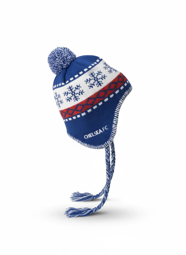 Rhinox Chelsea FC Official Peruvian Beanie | Blue &amp; White EPL Pom Pom Winter Hat