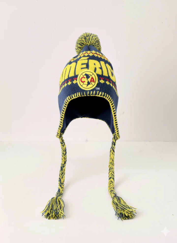 Rhinox Club America Official Peruvian Hat | Navy &amp; Yellow Liga MX Winter Beanie
