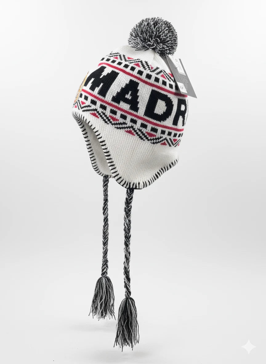 Rhinox Real Madrid Official Peruvian Beanie | Black &amp; White La Liga Winter Hat