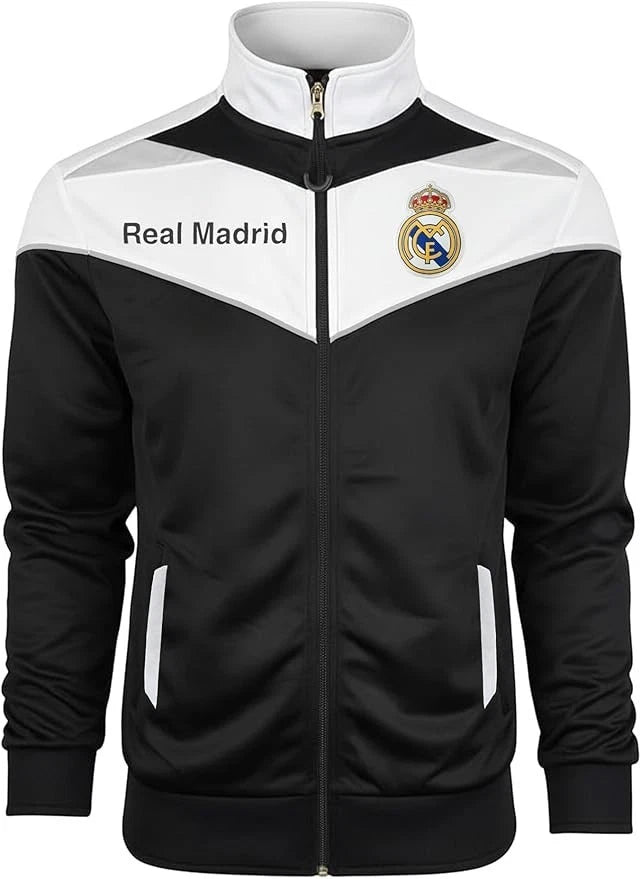 Icon Sports Real Madrid Official Track Jacket | Full-Zip Black &amp; White La Liga Gear