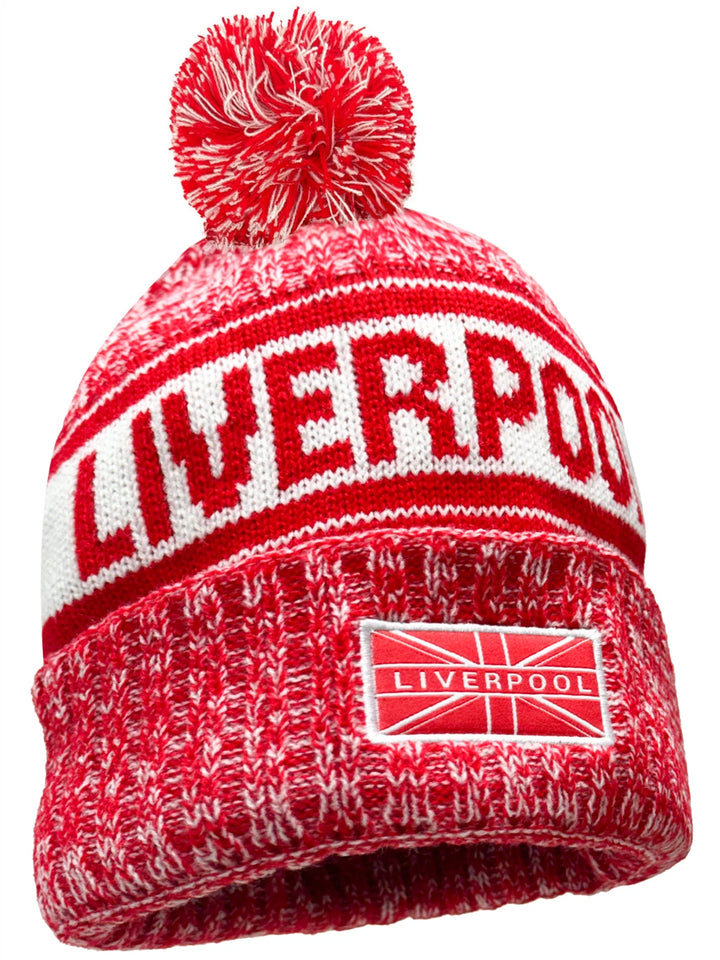 J4K Inc. Liverpool Beanie Hat | Red &amp; White Pom Pom Winter Knit EPL Headwear