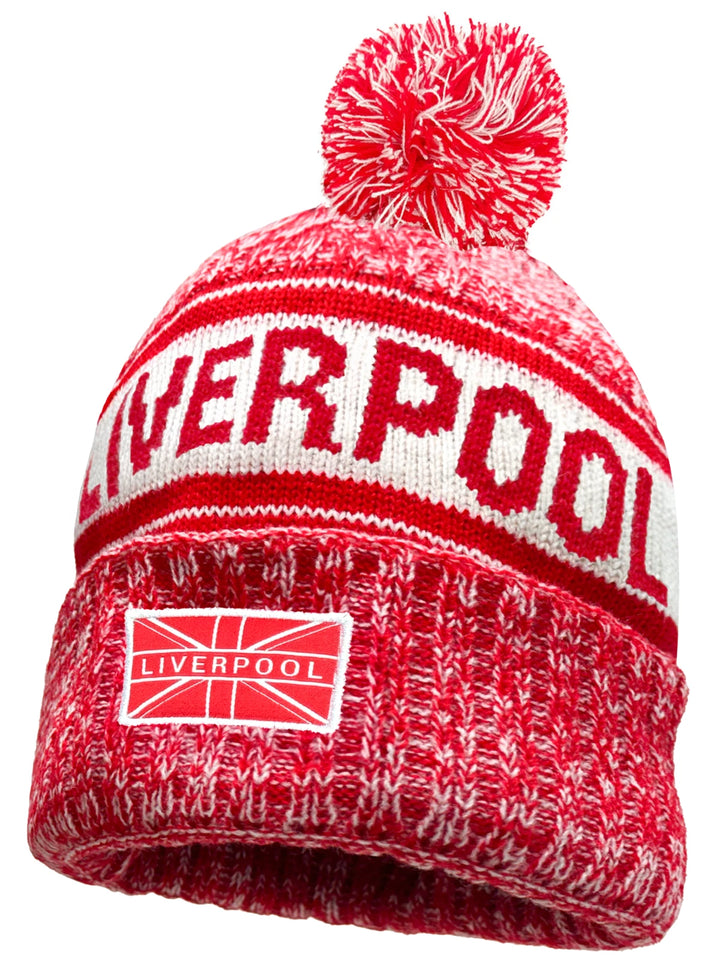J4K Inc. Liverpool Beanie Hat | Red &amp; White Pom Pom Winter Knit EPL Headwear