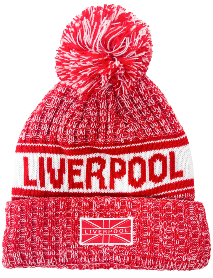 J4K Inc. Liverpool Beanie Hat | Red &amp; White Pom Pom Winter Knit EPL Headwear