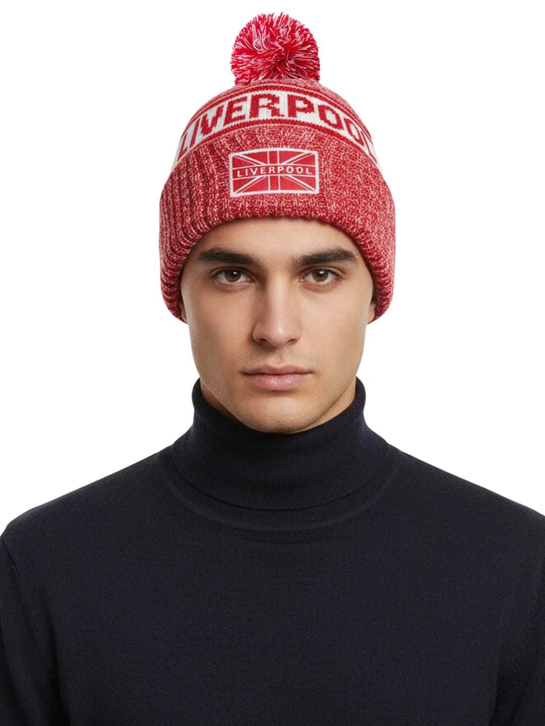 J4K Inc. Liverpool Beanie Hat | Red &amp; White Pom Pom Winter Knit EPL Headwear