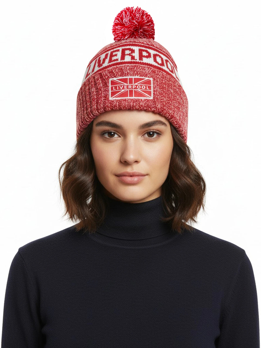 J4K Inc. Liverpool Beanie Hat | Red &amp; White Pom Pom Winter Knit EPL Headwear