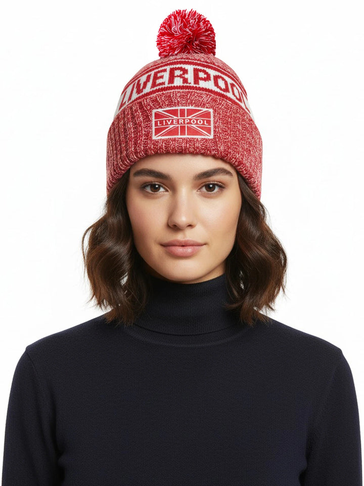 J4K Inc. Liverpool Beanie Hat | Red &amp; White Pom Pom Winter Knit EPL Headwear