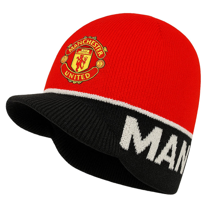 Rhinox Manchester United Beanie Hat | Red &amp; Black Visor Knit Winter Fan Cap