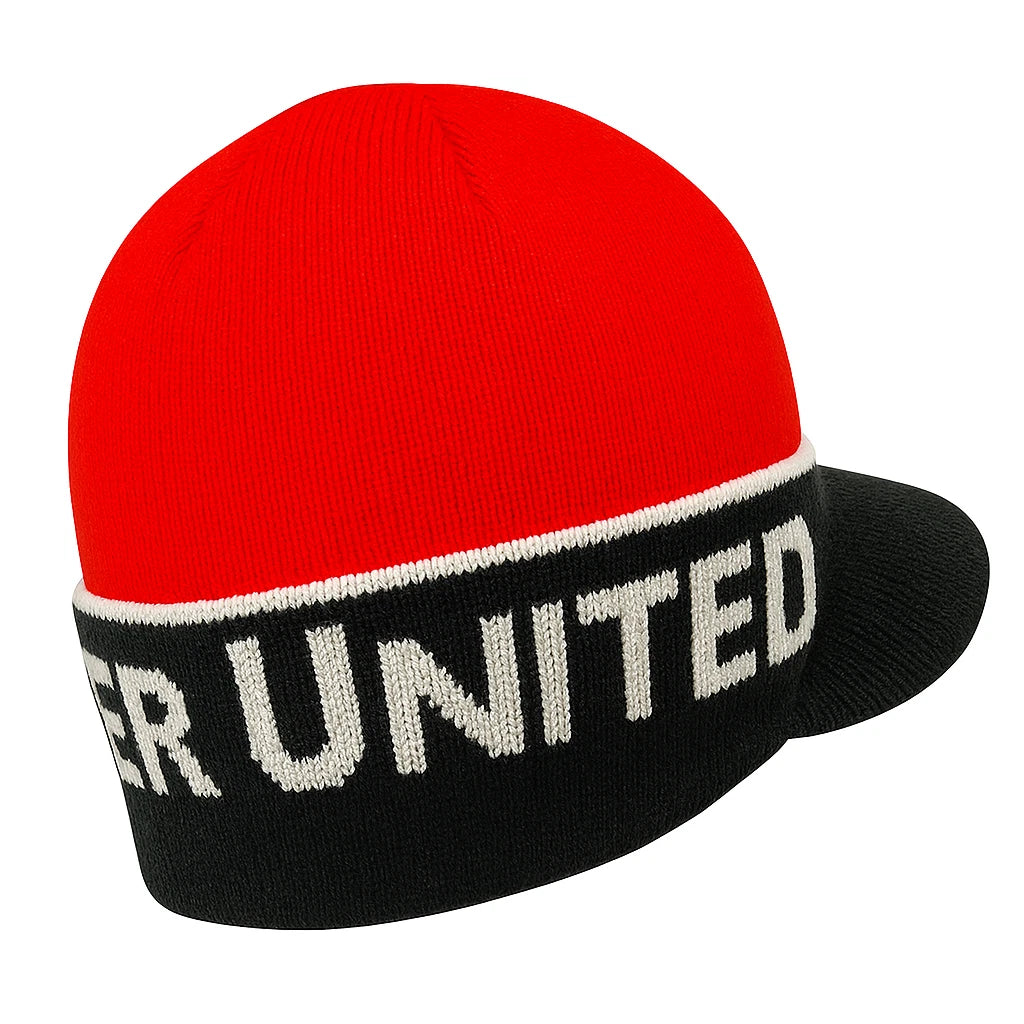 Rhinox Manchester United Beanie Hat | Red &amp; Black Visor Knit Winter Fan Cap