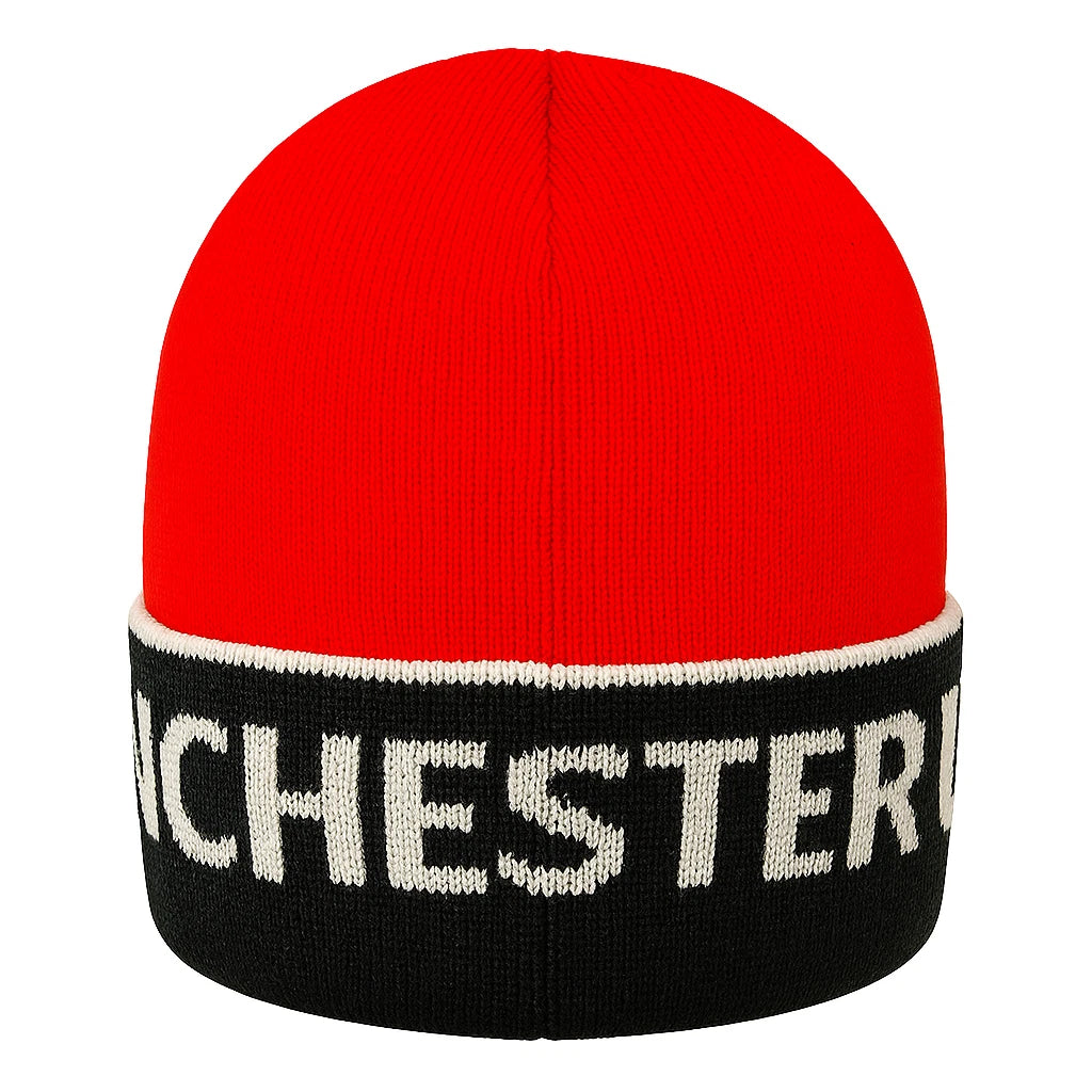 Rhinox Manchester United Beanie Hat | Red &amp; Black Visor Knit Winter Fan Cap