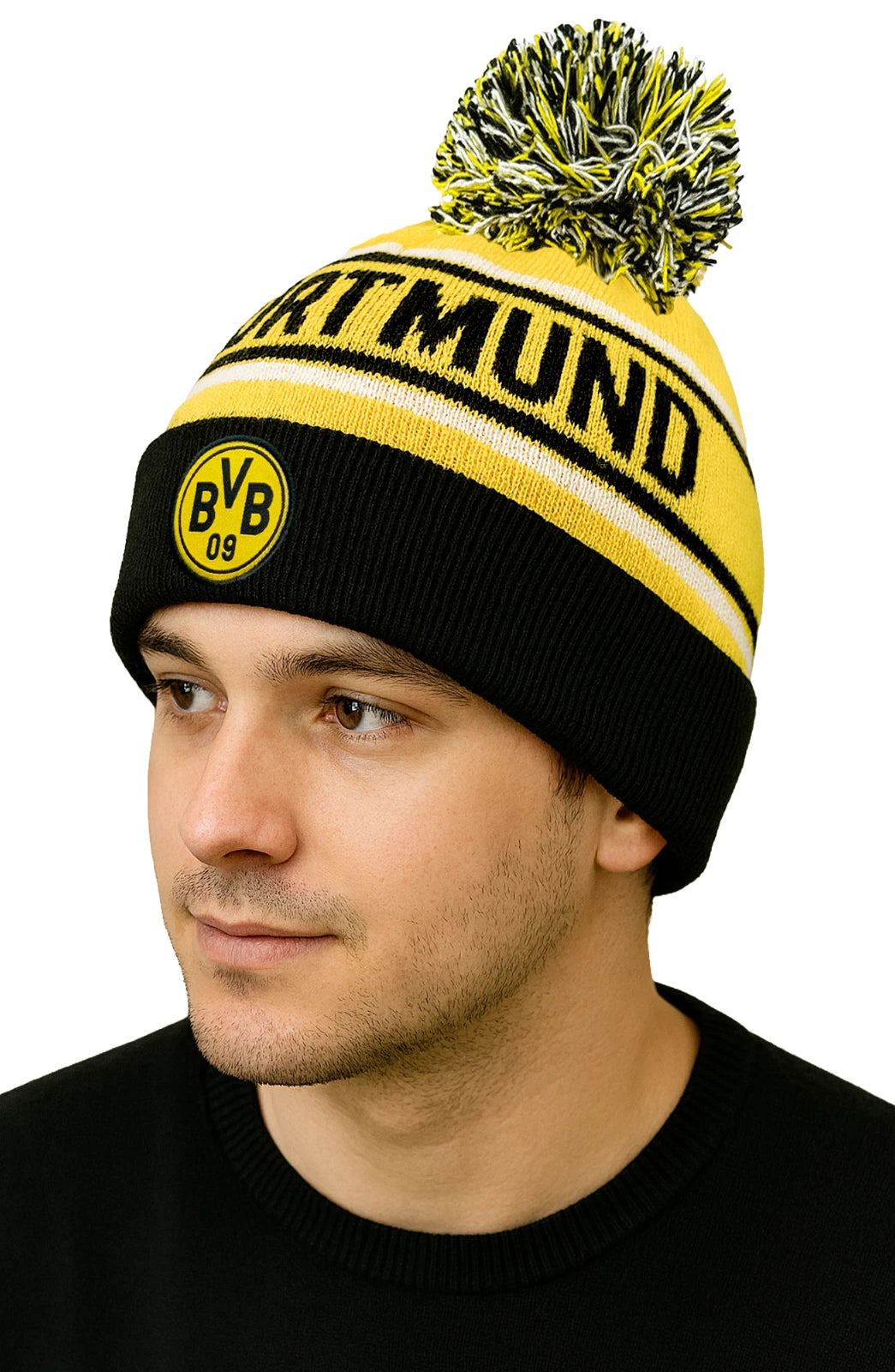 Fan Ink Borussia Dortmund Official BVB Beanie | Yellow &amp; Black Knit Pom Winter Hat