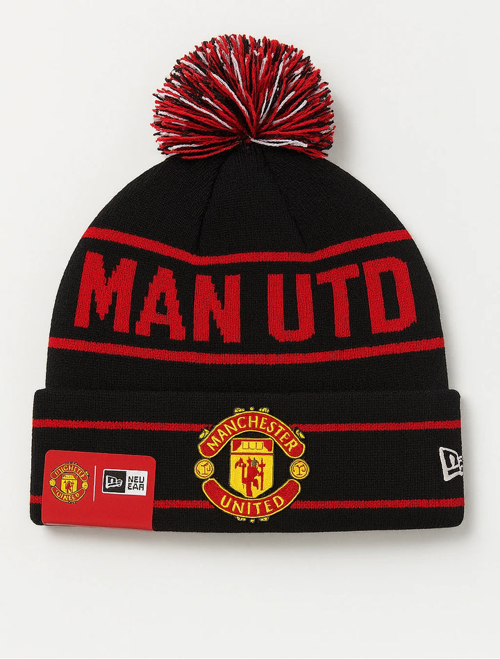 New Era Manchester United Official Beanie | Black &amp; Red Knit Pom Winter EPL Hat