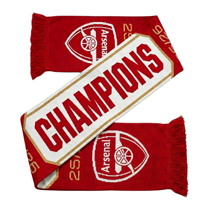 Official Arsenal FC EPL Champions 2025/26 Soccer Scarf Red White Gold Knit Fringe Scarf