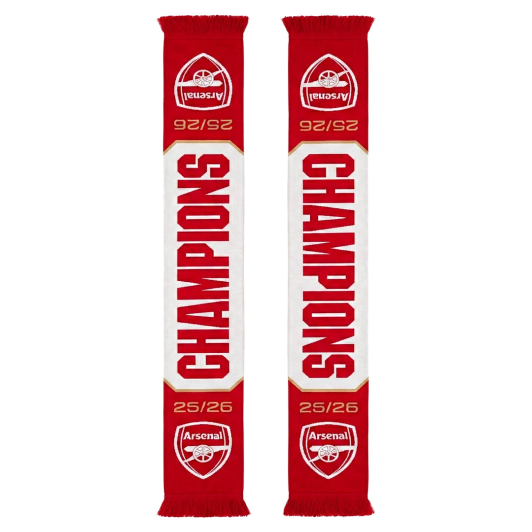 Official Arsenal FC EPL Champions 2025/26 Soccer Scarf Red White Gold Knit Fringe Scarf
