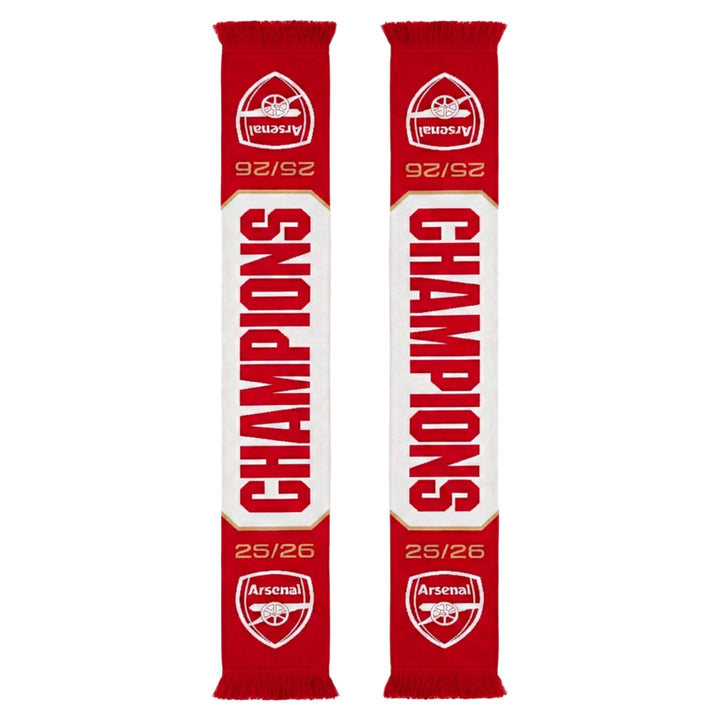 Official Arsenal FC EPL Champions 2025/26 Soccer Scarf Red White Gold Knit Fringe Scarf