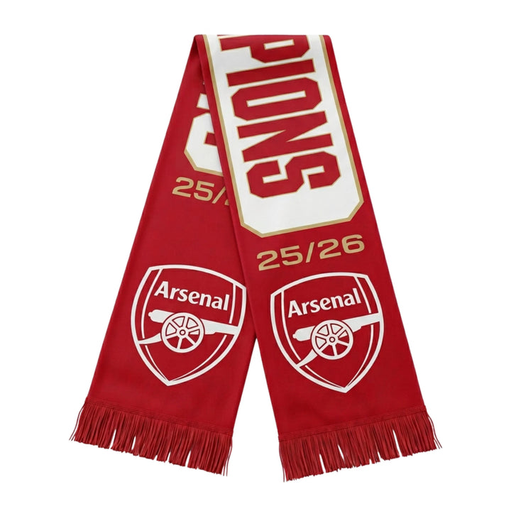 Official Arsenal FC EPL Champions 2025/26 Soccer Scarf Red White Gold Knit Fringe Scarf