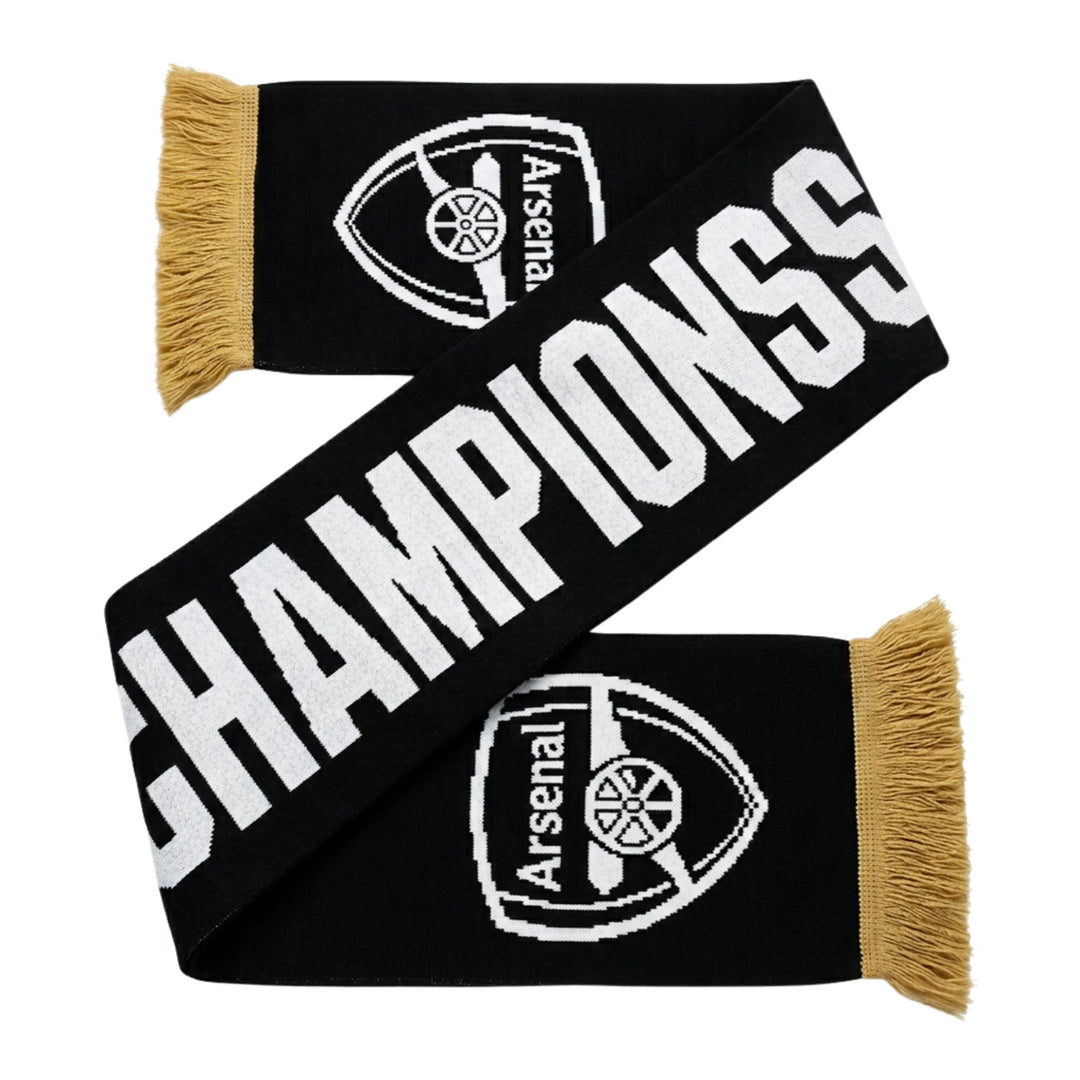Official Arsenal FC EPL Champions 2025/26 Soccer Scarf Black Gold Acrylic Fringe