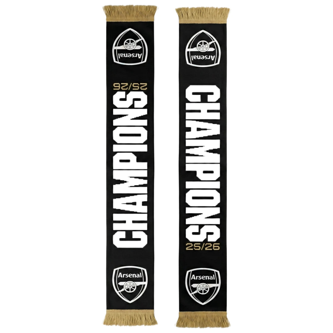 Official Arsenal FC EPL Champions 2025/26 Soccer Scarf Black Gold Acrylic Fringe