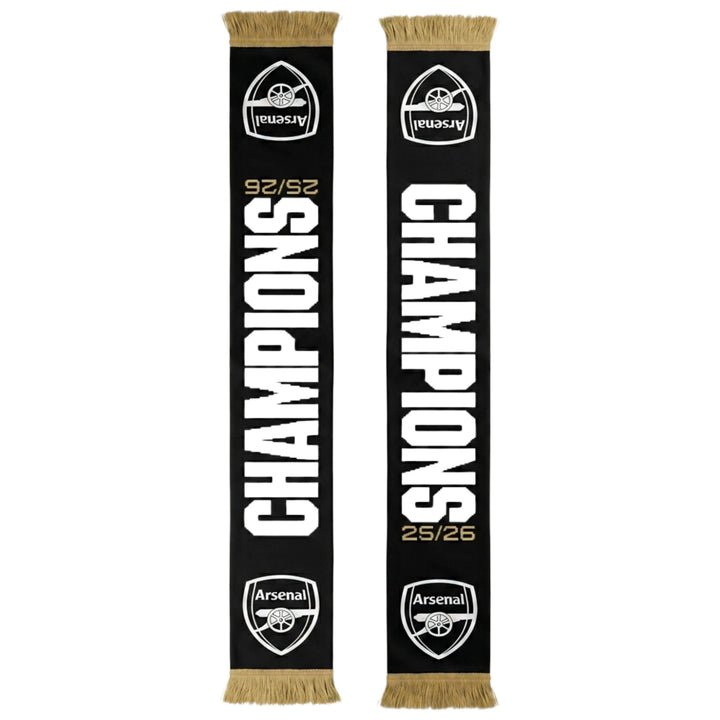 Official Arsenal FC EPL Champions 2025/26 Soccer Scarf Black Gold Acrylic Fringe