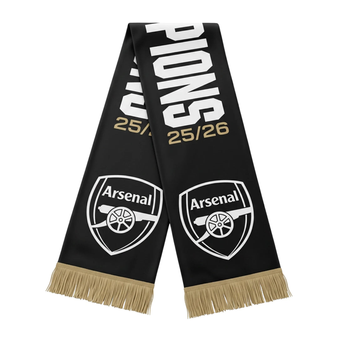 Official Arsenal FC EPL Champions 2025/26 Soccer Scarf Black Gold Acrylic Fringe